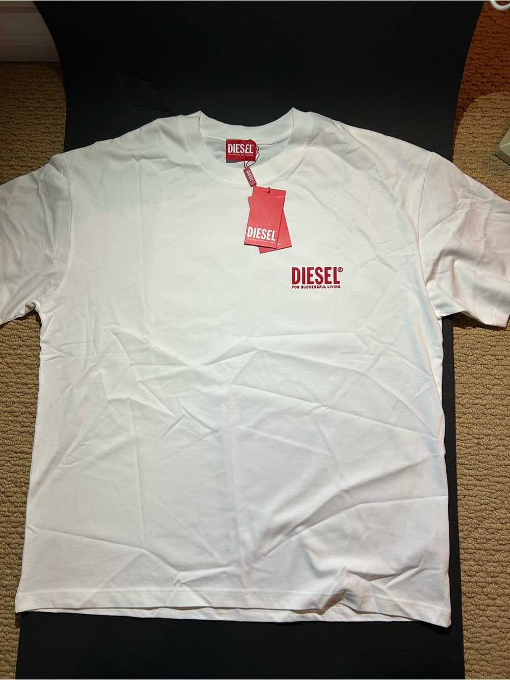 Diesel White Tee with Red Logo Tag